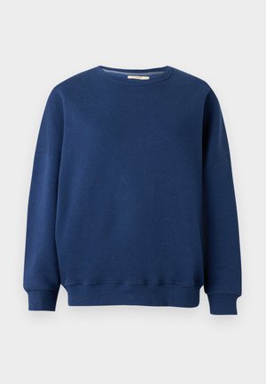 Sweat-shirt bleu marine en tissu doux, doté d'un col rond et de poignets côtelés. Il présente une coupe décontractée avec une texture lisse.