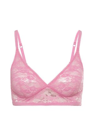 Roze kanten bralette met een driehoekige cupvorm, dunne verstelbare bandjes en een golvende rand langs de randen. Lichtgewicht en semi-doorzichtig materiaal.