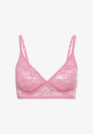 Roze kanten bralette met een driehoekige cupvorm, dunne verstelbare bandjes en een golvende rand langs de randen. Lichtgewicht en semi-doorzichtig materiaal.