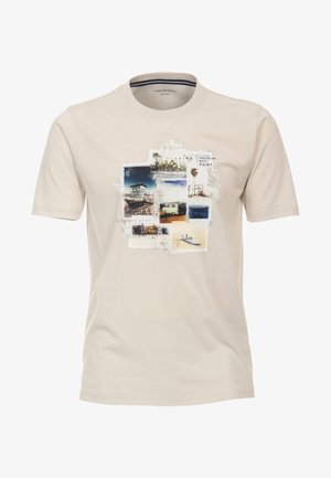 Beżowy T-shirt z krótkim rękawem, na którym znajduje się kolaż z plażowych scen na Florydzie, palm, vana i tekstu "Southern Most Point."