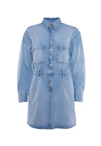 Lys blå denim skjortekjole med lange ærmer, krave, to brystlommer og seks knaplukninger fortil. Har en bæltet talje.