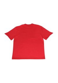 Rød bomulds t-shirt med rund halsudskæring og korte ærmer, vist fra ryggen. Glat tekstur, ingen synlige mønstre eller grafik.