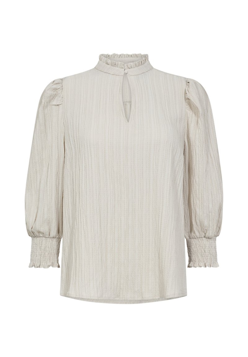 Beige blouse met lange mouwen, een gerimpelde hoge kraag, een keyhole-halslijn, elastische manchetten en textuur in verticale strepen. Glad materiaal.