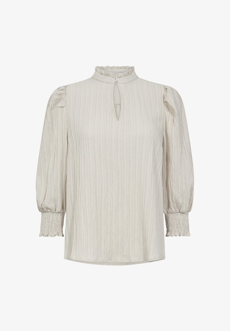 Beige blouse met lange mouwen, een gerimpelde hoge kraag, een keyhole-halslijn, elastische manchetten en textuur in verticale strepen. Glad materiaal.