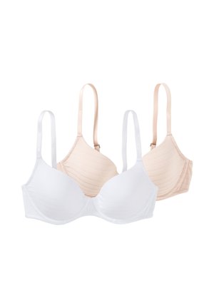 To polstrede bh'er med justerbare stropper, en hvid foran og en beige bagpå, vist på en hvid baggrund.