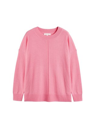 Roze oversized sweater van zacht materiaal. Beschikt over een ronde halslijn en verlaagde schoudernaden. Ribgebreide manchetten en zoom, met een middennaad detail.