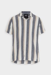 Koszula z krótkim rękawem w paski, w kolorach granatowym, białym i beżowym. Zapięcie na guziki, kołnierz oraz prosty dół.