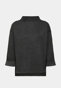 Pull-over gris foncé à côtes avec un col montant, des manches raccourcies et des poignets retroussés. Présente une coupe décontractée et une fente latérale pour plus de liberté de mouvement.