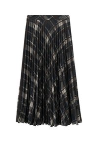 Falda midi plisada negra con un patrón de cuadros en tonos grises y beige, con una cinturilla ajustada y textura suave.