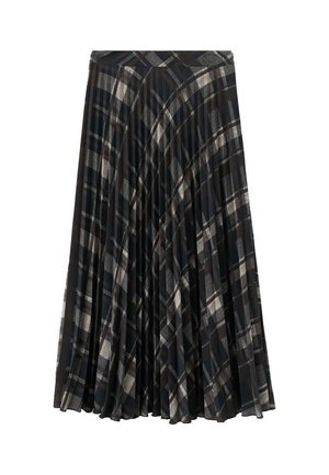 Falda midi plisada negra con un patrón de cuadros en tonos grises y beige, con una cinturilla ajustada y textura suave.