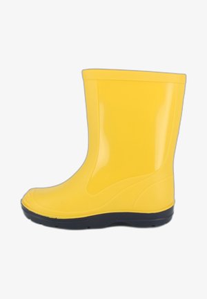 Botte de pluie en caoutchouc jaune avec une finition lisse et brillante. Présente un bout arrondi et une semelle noir texturée pour une meilleure adhérence.