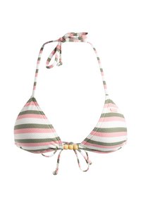 Striped bikini top featuring pink, white, and green colors, made of textured fabric. Accented with wooden beads at the center and adjustable ties.