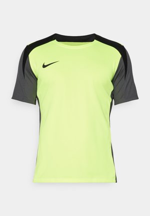Korte mouwen sportshirt met een levendige neongroene voorkant, zwarte schouders en grijze zijkanten, gemaakt van ademend materiaal met een textuur.