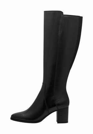 Knee-high black leather boots with a smooth texture, pointed toe, and a chunky heel. Features minimal stitching and a streamlined design.