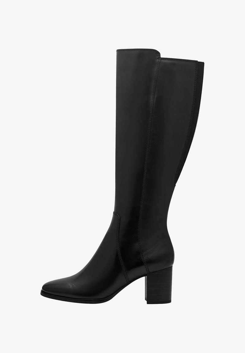 Knee-high black leather boots with a smooth texture, pointed toe, and a chunky heel. Features minimal stitching and a streamlined design.