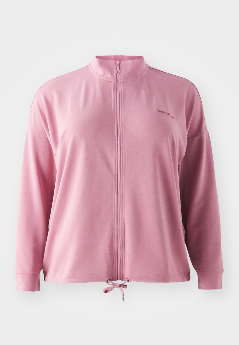 Lyserød zip-jakke med høj krave, lange ærmer, snor i kanten og diskret logo broderi. Glat, letvægtsstof.