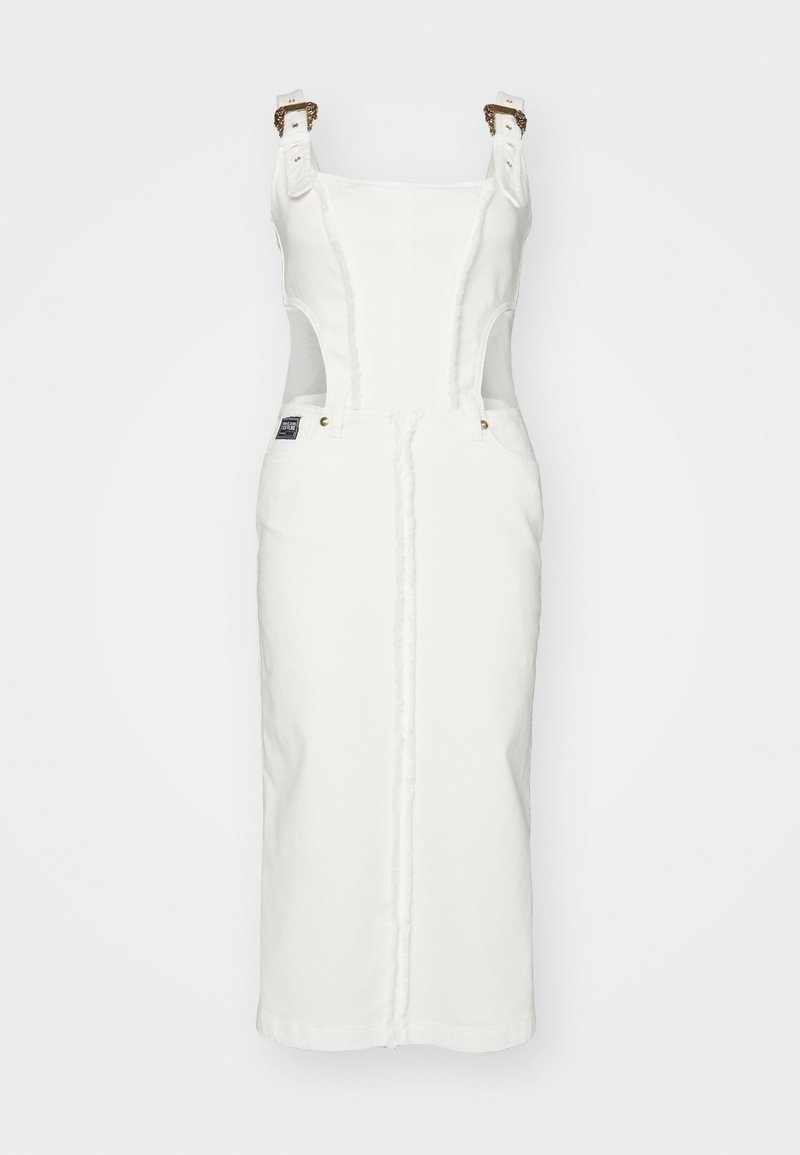 White denim dress with adjustable straps and cut-out sides. Features a front zip, back slit, and logo tag, offering a fitted silhouette.