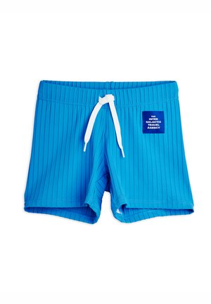 Niebieskie, prążkowane kąpielówki ze sznurkiem w białym kolorze i naszywką z napisem "The Inter Galactic Travel Agency" z przodu po prawej stronie.