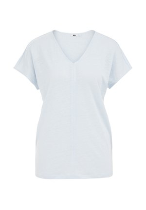 Light blue V-neck t-shirt with short sleeves, made from soft, textured fabric. Features a central seam detail for added dimension.