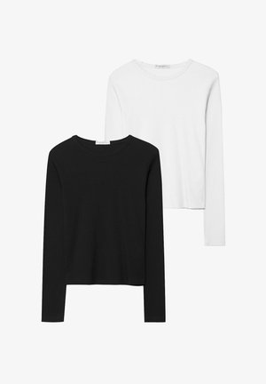 Musta ja valkoinen pitkähihainen t-paita, jossa on pyöreät kaula-aukot, pehmeä kangas ja vartalonmyötäinen muotoilu suorin helmoin.