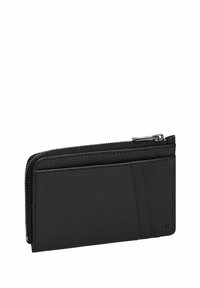 Portafoglio nero in pelle compatto con superficie testurizzata, dotato di più slot per carte e di un compartimento con zip per una conservazione sicura.