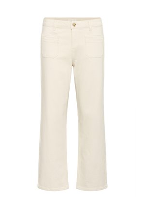 Pantalon droit ivoire avec poches avant, passants pour ceinture et fermeture par bouton à la taille.