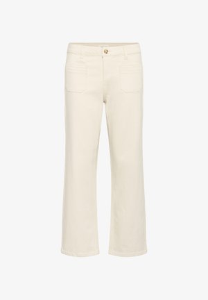 Pantalon droit ivoire avec poches avant, passants pour ceinture et fermeture par bouton à la taille.