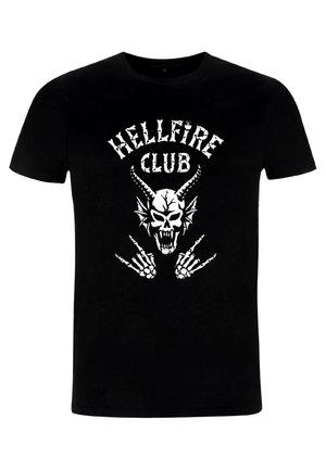 Černé bavlněné tričko s bílým grafickým motivem lebky s rohy a kostěnými rukama, nad obrázkem je text "HELLFIRE CLUB".