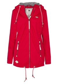 Červená nepromokavá bunda s šedou podšívkou kapuce, nastavitelnými šňůrkami, předním zipem a dvěma postranními kapsami na zip.