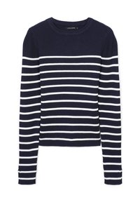 Maglione a coste blu navy con strisce orizzontali bianche, colletto tondo e maniche lunghe con dettagli sui polsini.