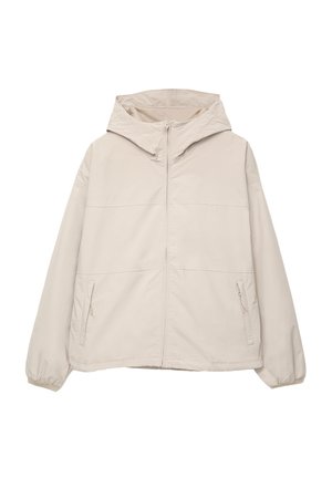 Beige huvad jacka med dragkedja fram, elastiska ärmslut, två sidofickor och en mjuk, lätt tygtextur.