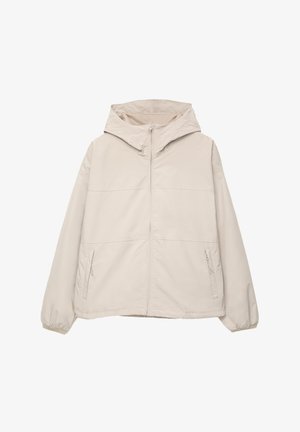Beige hooded jacket featuring a front zipper, elastic cuffs, two side pockets, and a smooth, lightweight fabric texture.