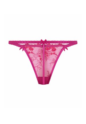 Rosa Spitzen-String mit floraler Stickerei, durchsichtigem Mesh-Stoff, verziert mit kleinen Schleifen und einem zentralen Banddetail.