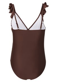 Braune Badebekleidung mit Rüschen-Schulterträgern, ausgestattet mit einem kontrastierenden weißen Futter und einem glatten, strukturierten Stoffdesign.