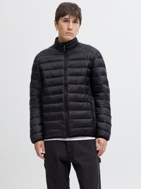 Black puffer jacket with a zip front, high collar, and horizontal quilted design. Features a smooth finish and elastic cuffs.