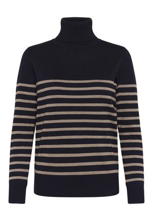 Granatowy sweter z golfem w poziome beżowe paski. Wykonany z miękkiej dzianiny, z dopasowanym krojem i ściągaczami.