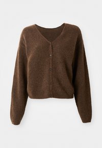Cardigan marrone con scollo a V, maniche lunghe e finitura testurizzata. Caratterizzato da sei bottoni sul davanti e orlo corto.