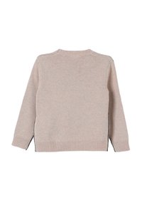 Maglione beige a maglia con collo rotondo, polsini e orlo a costine, con fessure laterali per un tocco di dettaglio e comfort. Texture morbida, senza fantasia.