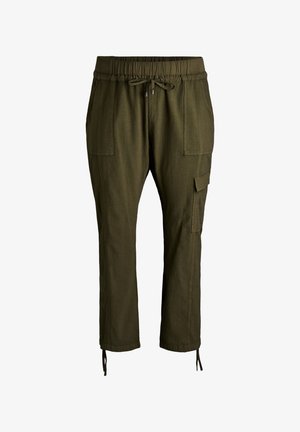 Spodnie bojówki w oliwkowym zielonym kolorze z elastycznym pasem, przednimi kieszeniami, boczną kieszenią z patką, sznurkiem w talii i wiązaniami przy kostkach, luźny krój.