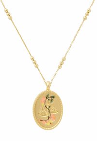 Gul vedhængs halskæde med et ovalt charms. Har et blomsterdesign i pink og grøn, med en perlekæde og teksturerede kanter.