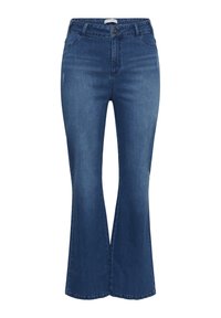 Blaue hoch taillierte Jeans aus Denim mit vorderem Knopf und Reißverschluss, leicht ausgewaschen an den Oberschenkeln, und ausgestellten Hosenbeinen.