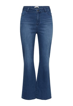 Jean en denim bleu taille haute avec bouton et fermeture éclair à l'avant, légère décoloration sur les cuisses, et bas évasé.