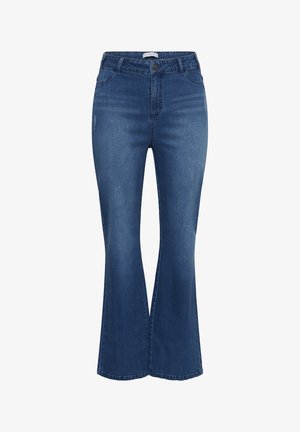 Jean en denim bleu taille haute avec bouton et fermeture éclair à l'avant, légère décoloration sur les cuisses, et bas évasé.