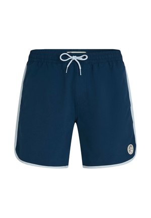 Marineblaue Herren-Badeshorts mit weißem Kordelzug, weißen Seitenstreifen und rundem Logo-Patch am linken Bein.