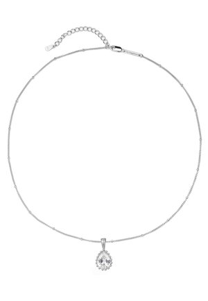 Silver chain necklace with small round beads and a teardrop-shaped clear gemstone pendant surrounded by tiny metal beads.