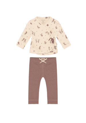 Weiches beige Baby-Wickeloberteil mit langen Ärmeln, braunen Pflanzenmotiven und braunen Leggings mit einer beigen Schleife in der Taille, Größe 56 für 1-2 Monate alte Babys.