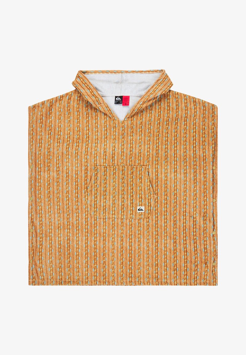 Πορτοκαλί πουλόβερ με λαιμόκοψη V, σχεδιασμό με σχέδια σε μπλε και λευκές αποχρώσεις και τσέπη στο μπροστινό μέρος. Κατασκευασμένο από υφασμάτινη υφή.