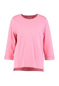 Haut en coton rose à manches longues avec un col arrondi et des poignets retroussés, doté d'un ourlet droit et d'une fente latérale pour un confort accru.