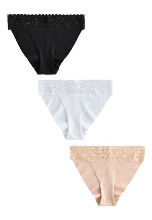 Trzy damskie majtki bikini ozdobione koronką w kolorze czarnym, białym i beżowym, ułożone pionowo na białym tle.
