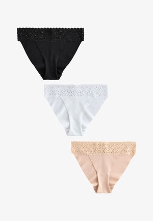 Trois dessous bikini pour femmes bordés de dentelle en noir, blanc et beige, disposés verticalement sur un fond blanc.